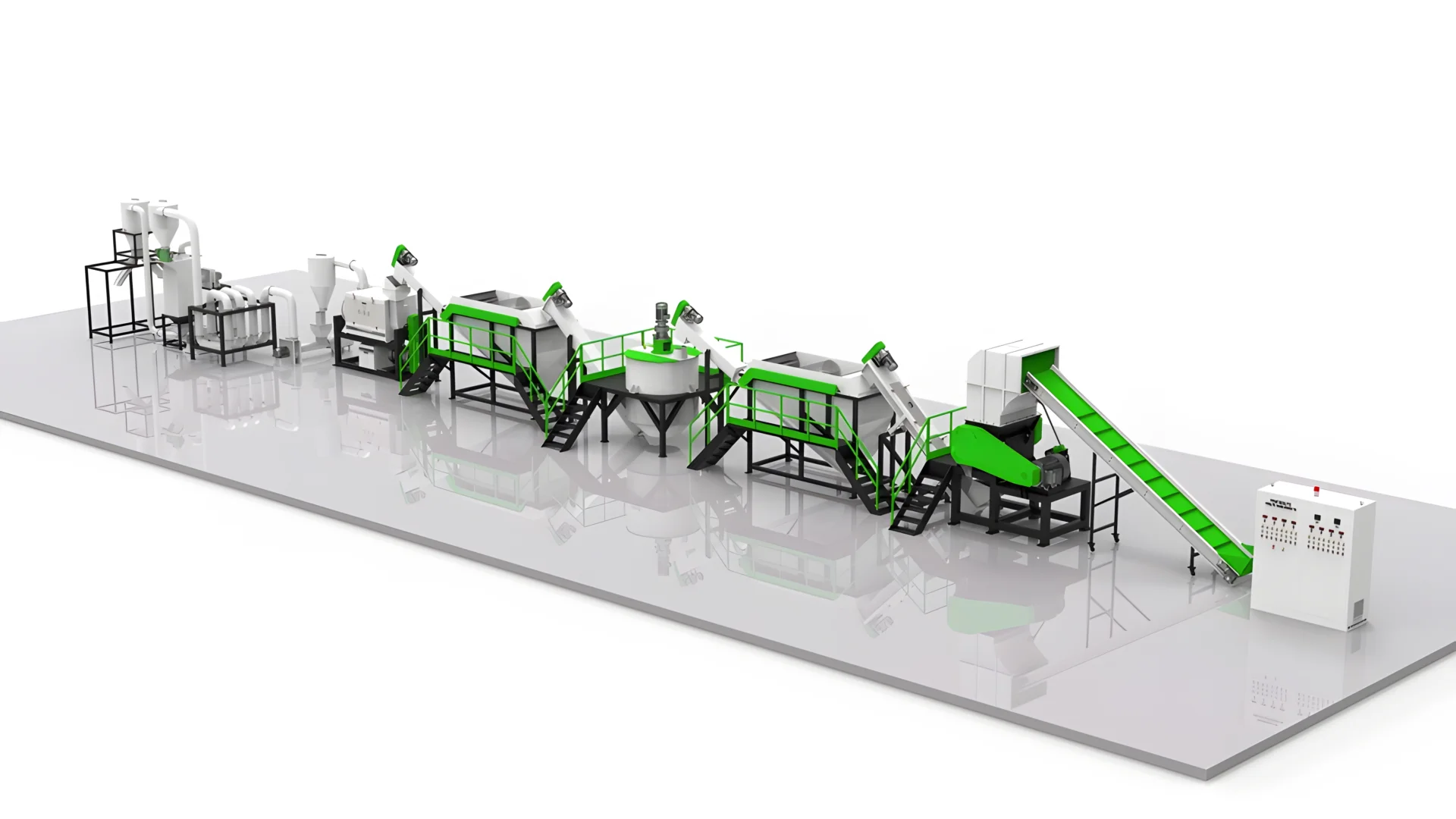 um modelo gerado por computador de uma linha de trituração e reciclagem de plástico rígido de HDPE (Polietileno de Alta Densidade) e PP (Polipropileno). Este sistema completo apresenta vários módulos em branco e verde, cada um responsável por diferentes estágios do processo de reciclagem, incluindo trituração, lavagem, secagem e peletização. A configuração é projetada para processar com eficiência grandes volumes de resíduos plásticos em pellets reutilizáveis. Esta linha é crucial na indústria de reciclagem para reduzir o desperdício de plástico e transformá-lo em um recurso valioso, ajudando a promover a sustentabilidade e reduzir o impacto ambiental.