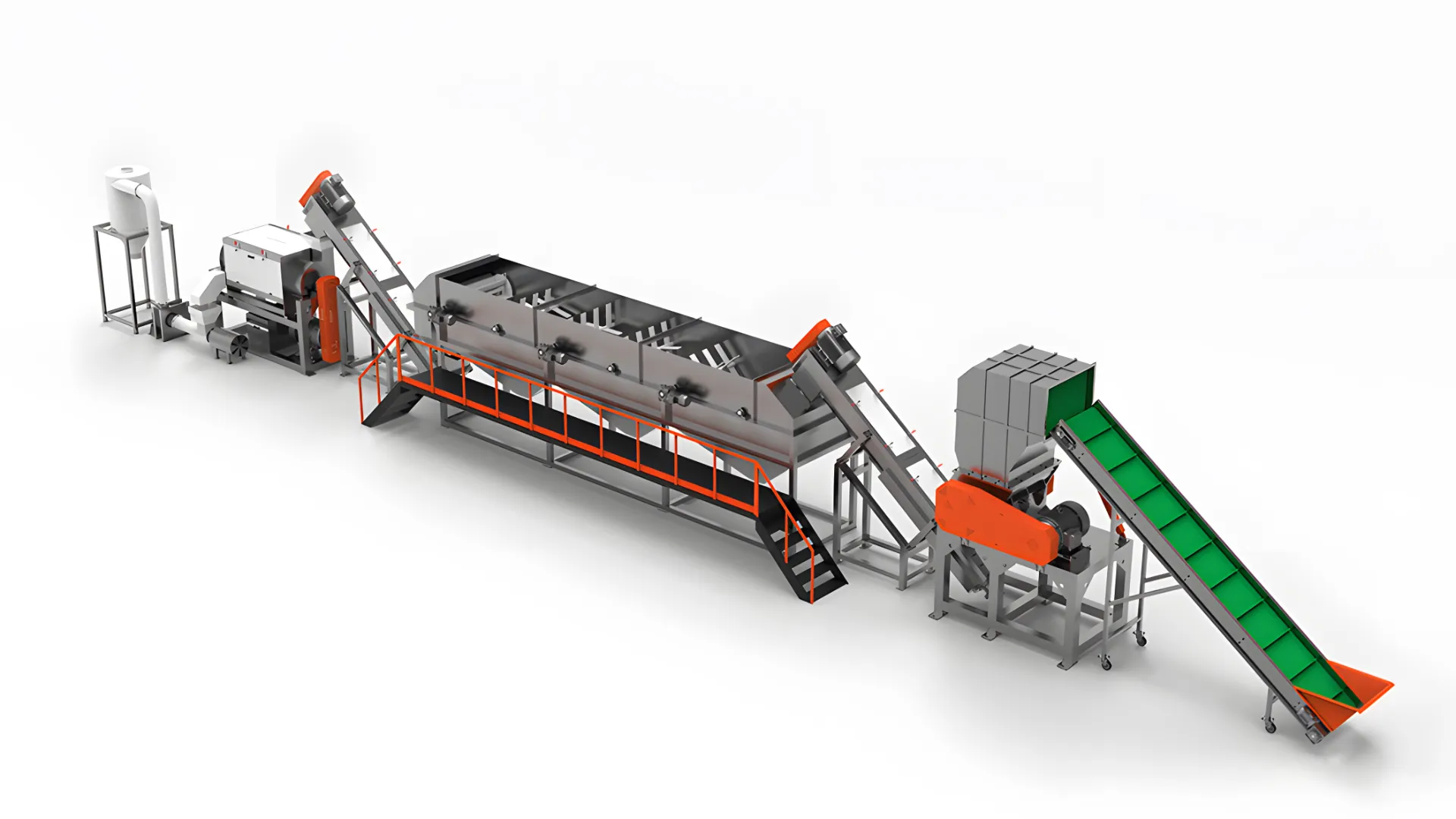 A plastic film recycling washing line setup designed for efficient processing and cleaning of plastic films. The system includes several interconnected machines, starting from a conveyor belt for material input, followed by a shredding unit, washing and rinsing tanks, and a drying system. Each component is connected by conveyor belts and chutes, ensuring a continuous flow of material through the various stages of recycling. The equipment features a robust construction with orange, green, and metallic elements, highlighting its industrial use. This setup is ideal for recycling facilities looking to process plastic films into clean, reusable materials.