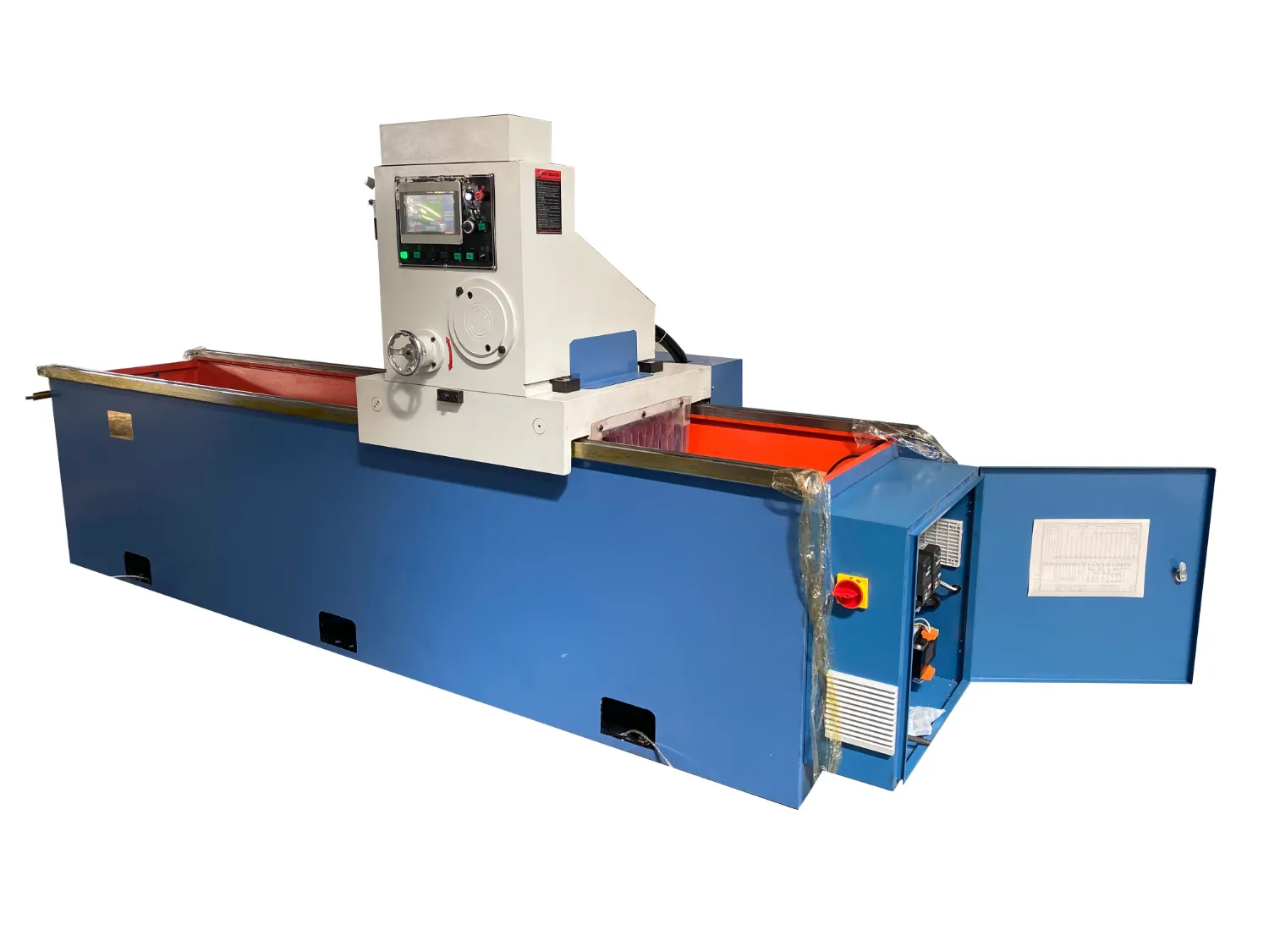 a Chipper Knife Grinder, a specialized piece of machinery designed to sharpen the blades used in chippers or other cutting equipment. The machine is painted in blue and features a white grinding unit at the top with a control panel that includes a digital display. This grinder helps maintain the efficiency and effectiveness of blades by providing precise sharpening capabilities, essential for operations in woodworking, recycling, or any industry requiring regular blade maintenance. The overall design is robust, catering to industrial needs and ensuring longevity and reliability.