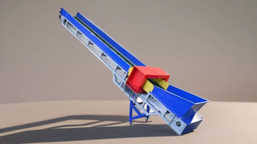 La imagen muestra una cinta transportadora en forma de Z, probablemente utilizada con fines industriales para transportar materiales entre diferentes elevaciones o secciones de una instalación. El transportador consta de una cinta continua sostenida por rodillos y una estructura metálica. El diseño en forma de Z permite el movimiento vertical y horizontal de materiales, lo que lo hace eficiente para aplicaciones donde el espacio es limitado o son necesarios cambios de elevación. Los componentes azul y rojo pueden indicar diferentes secciones o funcionalidades del sistema transportador. Las ruedas de la base sugieren que el transportador es móvil y puede reubicarse fácilmente según sea necesario.