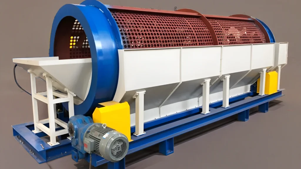 L'image représente un équipement industriel, probablement un tamis à tambour rotatif ou un tamis à trommel. Voici une description de ses fonctions et composants possibles : Fonction : Cette machine est utilisée pour séparer les matériaux en fonction de leur taille. Le tambour rotatif avec des trous perforés laisse passer les particules les plus petites tandis que les plus grosses sont retenues et évacuées à la fin. Composants : Tambour rotatif : Le tambour cylindrique avec de nombreuses perforations est l'élément central. La taille des trous détermine la taille de séparation des matériaux. Cadre : Le cadre bleu robuste soutient le tambour et les autres composants, assurant ainsi la stabilité pendant le fonctionnement. Trémie : Le matériau entrant est introduit dans la machine par la trémie située à l'avant. Moteur et boîte de vitesses : La boîte de vitesses jaune connectée au moteur électrique entraîne la rotation du tambour. Goulottes de déchargement : Les matériaux séparés sortent de la machine par différentes goulottes de déchargement, généralement situées aux extrémités ou sur les côtés opposés du tambour. Applications potentielles : Gestion des déchets et recyclage : Séparation de différentes tailles de déchets, tels que le compost, le plastique et le papier. Extraction minière et traitement des minéraux : dimensionnement et classification des minerais, des agrégats et d'autres minéraux. Transformation des aliments : classement des fruits, des légumes ou des noix par taille. Industrie pharmaceutique : Séparation de poudres ou de granulés en fonction de leur taille.