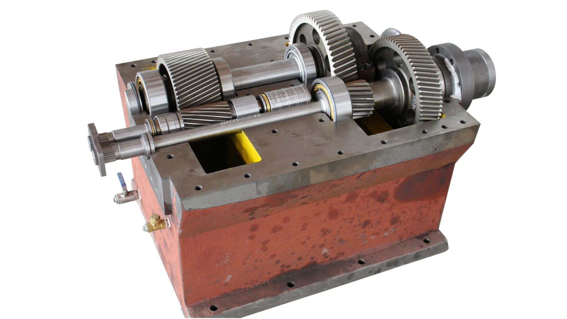 **Alt Text:** A close-up view of a gearbox with its internal components exposed. The image showcases the intricate arrangement of gears, shafts, and bearings inside the metal housing. The gears are made of high-strength steel, indicating durability and precision engineering. This gearbox is designed for industrial applications, providing efficient power transmission and reducing mechanical wear. The sturdy construction and detailed design highlight its reliability and capability to handle heavy-duty tasks.