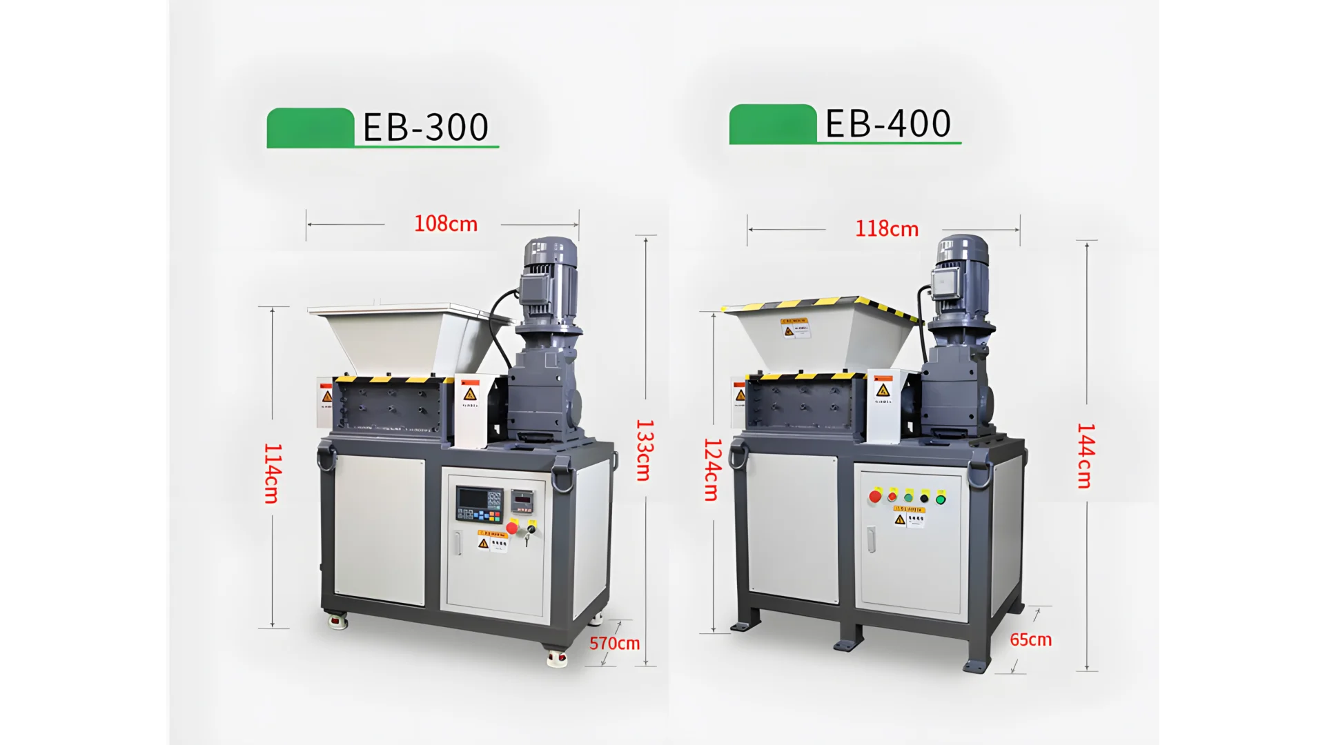 Hay dos modelos de trituradoras de discos duros, denominados EB-300 y EB-400. Ambos modelos se muestran con sus dimensiones. Para el modelo EB-300: Mide 108 cm de ancho, 114 cm de alto y 570 cm de largo. Para el modelo EB-400: Mide 118 cm de ancho, 124 cm de alto y 65 cm de largo. Estas dimensiones dan una idea del tamaño físico de cada modelo de trituradora, lo que puede resultar útil para determinar los requisitos de espacio para la instalación. La imagen también indica diferentes elementos de diseño y capacidades entre los dos modelos, lo que posiblemente sugiere niveles de rendimiento variados o escenarios de uso previstos. Si necesitas detalles más específicos o tienes alguna otra pregunta sobre estos modelos, ¡no dudes en preguntar!