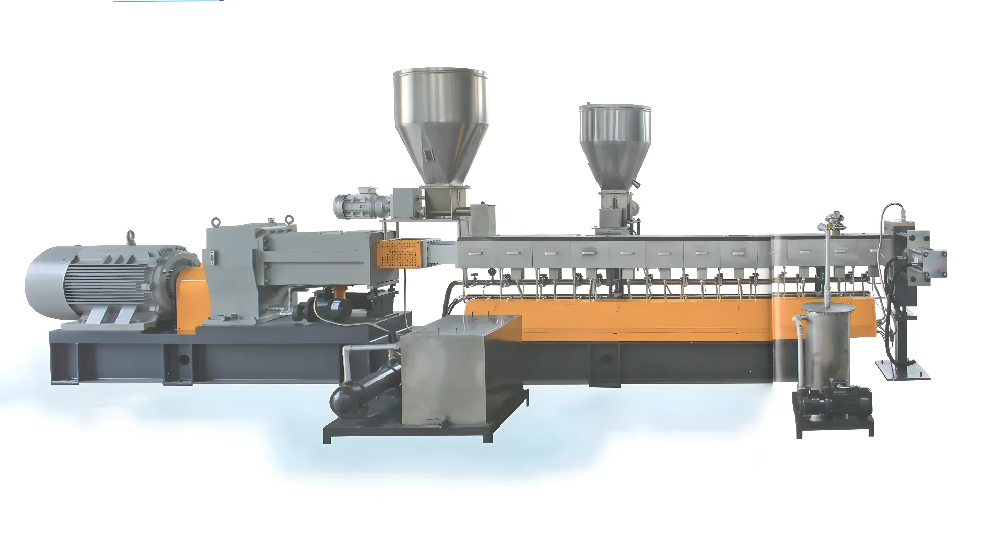 an advanced twin-screw compounding pelletizing line used for versatile polymer processing. The equipment features multiple sections including two large metal hoppers at the top for feeding materials, a lengthy horizontal twin-screw mechanism for blending and extruding polymers, and a pelletizing unit at the end where the processed polymers are cut into pellets. The machinery is mounted on a sturdy, orange and black metal frame, with various motors and control units visible. The background is a plain light gray, highlighting the industrial machinery.