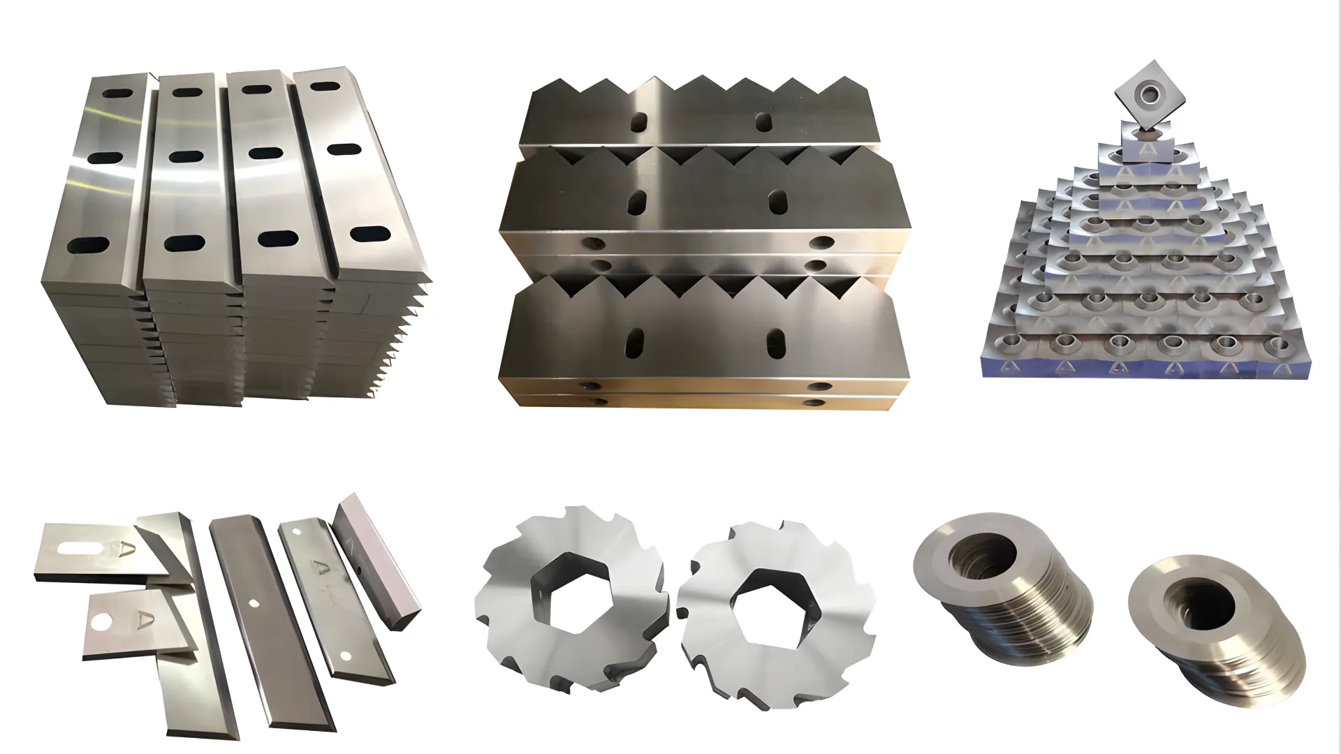 A variety of industrial shredder blades and cutting tools displayed in different shapes and configurations. The image includes rectangular straight blades, toothed blades, circular blades with sharp edges, and stacked circular cutting discs. These high-quality, precision-engineered blades are designed for use in industrial shredders to efficiently process various materials. The diverse shapes and sizes of the blades indicate their application for different shredding requirements, emphasizing durability and cutting efficiency.