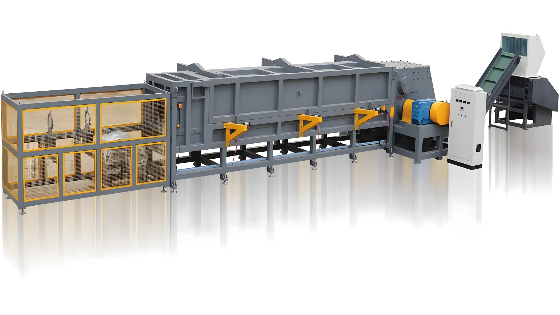 A horizontal pipe shredder designed for efficiently processing large plastic pipes. The machine features a long horizontal feed system with a protective yellow and gray enclosure for safety. It includes a powerful motor and robust cutting mechanism to handle the shredding process. The shredded materials are discharged through a conveyor belt on the right. This shredder is ideal for industrial applications, providing high performance and reliability in recycling large plastic pipes and other bulky plastic materials.