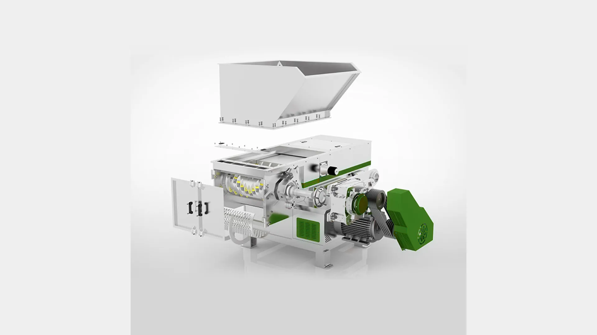 A detailed view of an industrial shredder with an exploded view showing its internal components. The shredder features a white body with green accents and includes a large feed hopper on top, which is shown detached. The internal cutting mechanism and motor are visible, highlighting the machine’s robust construction and advanced engineering. This shredder is designed for efficient and reliable processing of various materials in industrial applications, ideal for recycling and waste management.