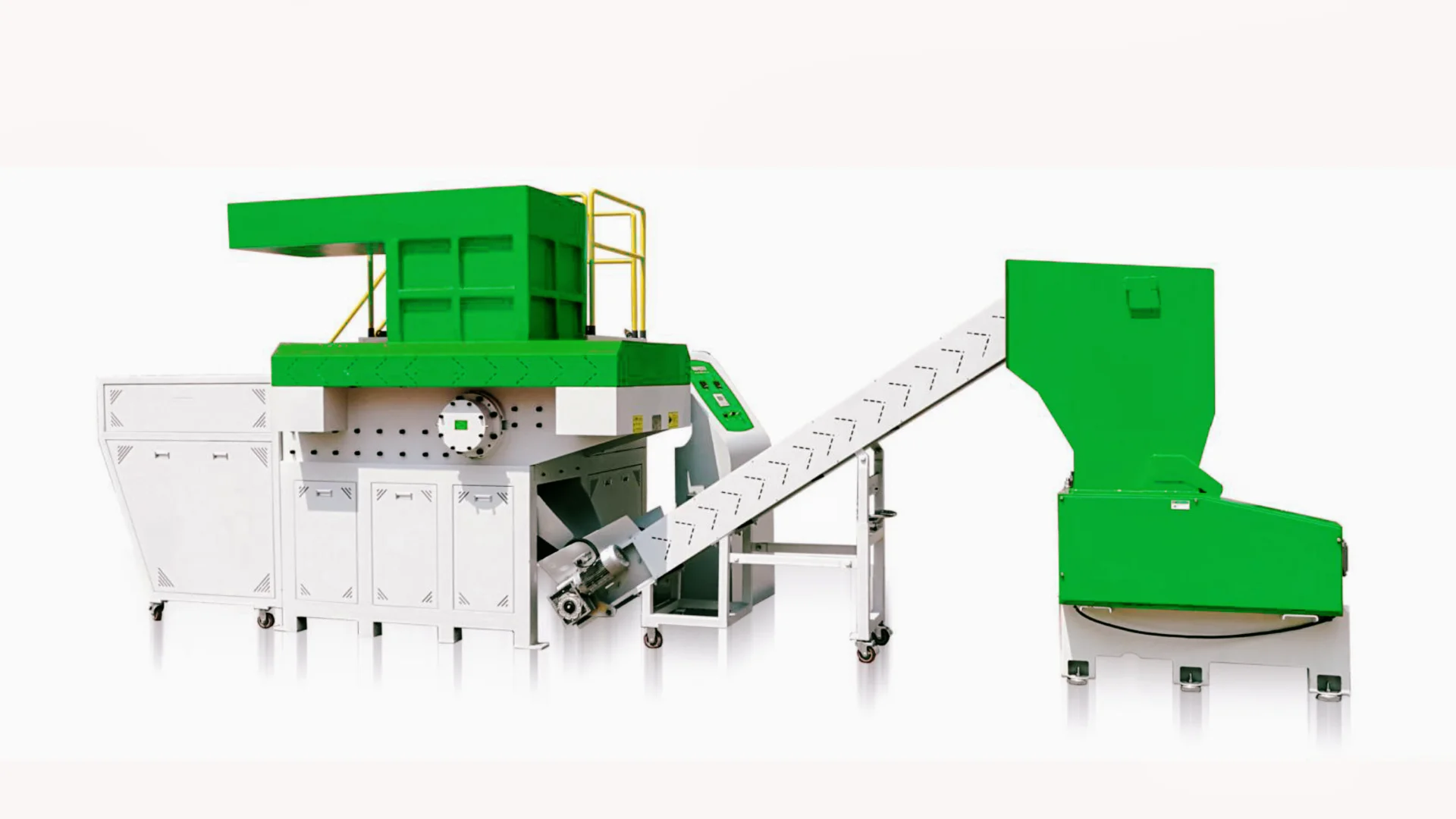 An industrial single-shaft shredder designed for processing hard materials. The machine features a sturdy green and white construction, with a large feed hopper on top. A conveyor belt system facilitates material input and transport. The shredder includes a control panel for operation and monitoring, emphasizing ease of use and efficiency. Its robust design highlights its capability to handle tough shredding tasks, making it ideal for recycling and waste management applications. The setup emphasizes durability, high performance, and reliability in processing various types of hard materials.