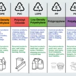 Un'infografica che mostra i codici di identificazione delle resine per i diversi tipi di plastica. L'infografica classifica la plastica in sette tipi, ciascuno rappresentato da un simbolo di riciclaggio con un numero: 1. **PETE (polietilene tereftalato)**: I prodotti più comuni includono bottiglie di soda e d'acqua, tazze, barattoli, vassoi e conchiglie. Riciclato in indumenti, tappeti, conchiglie, bottiglie di soda e d'acqua. 2. **HDPE (polietilene ad alta densità)**: I prodotti più comuni sono le caraffe del latte, i flaconi di detersivo e shampoo, i vasi di fiori e i sacchetti della spesa. Riciclato in bottiglie di detersivo, vasi di fiori, casse, tubi e decking. 3. **PVC (cloruro di polivinile)**: I prodotti più comuni sono le brocche per le pulizie, i rivestimenti per piscine, lo spago, i teli e le bottiglie di prodotti automobilistici. Riciclato in tubi, rivestimenti per pareti, raccoglitori, rivestimenti per tappeti e pavimenti. 4. **LDPE (polietilene a bassa densità)**: I prodotti più comuni sono i sacchetti per il pane, gli asciugamani di carta e i fazzoletti di carta, le bottiglie da spremere, i sacchetti per la spazzatura e gli anelli per le confezioni da sei. Riciclato in sacchi della spazzatura, legname di plastica, mobili, buste per la spedizione e contenitori per il compost. 5. **PP (polipropilene)**: I prodotti più comuni includono vaschette per lo yogurt, tazze, bottiglie di succo di frutta, cannucce, grucce, sacchi per la sabbia e per la spedizione. Riciclato in lattine di vernice, dossi, ricambi auto, contenitori per alimenti, grucce, vasi per piante e manici di rasoio. 6. **PS (polistirene)**: I prodotti più comuni includono contenitori per il cibo da asporto, posate, tazze calde, rasoi, custodie per CD, cuscini per spedizioni e vassoi. Riciclato in cornici per quadri, modanature per corone, righelli, vasi di fiori, appendini, giocattoli e dispenser di nastro adesivo. 7. **Altri**: Include varie plastiche come policarbonato, nylon, ABS, acrilico, PLA. I prodotti più comuni sono bottiglie, occhiali di sicurezza, CD e lenti dei fari. Riciclato in alloggiamenti elettronici e parti di automobili.