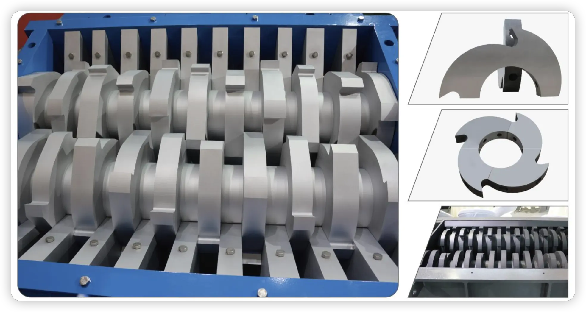 Close-up view of the blades inside a shear-type double-shaft shredder. The image shows two interlocking shafts with robust, precision-engineered cutting blades. Insets on the right display the individual blade design, highlighting their curved, sharp edges and mounting holes. These blades are designed for efficient and effective shredding of various materials. The machine’s blue frame and the heavy-duty construction of the blades emphasize the shredder’s durability and high performance in industrial applications.