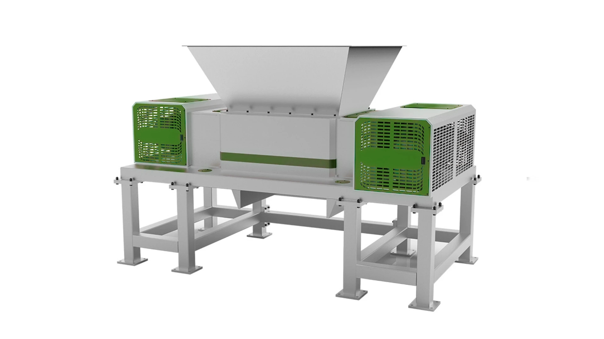 견고한 산업용 디자인의 전단형 이중축 분쇄기입니다. 장비 상단에는 재료를 쉽게 적재할 수 있는 대형 공급 호퍼가 있습니다. 견고한 프레임 안에 두 개의 견고한 절단 샤프트가 내장되어 있으며 측면은 녹색 보호 그릴로 덮여 있습니다. 이 분쇄기는 다양한 재료를 효율적이고 효과적으로 처리하도록 설계되어 산업 재활용 및 폐기물 관리 응용 분야에 이상적입니다. 기계의 구조는 내구성, 안전성 및 고성능을 강조합니다.