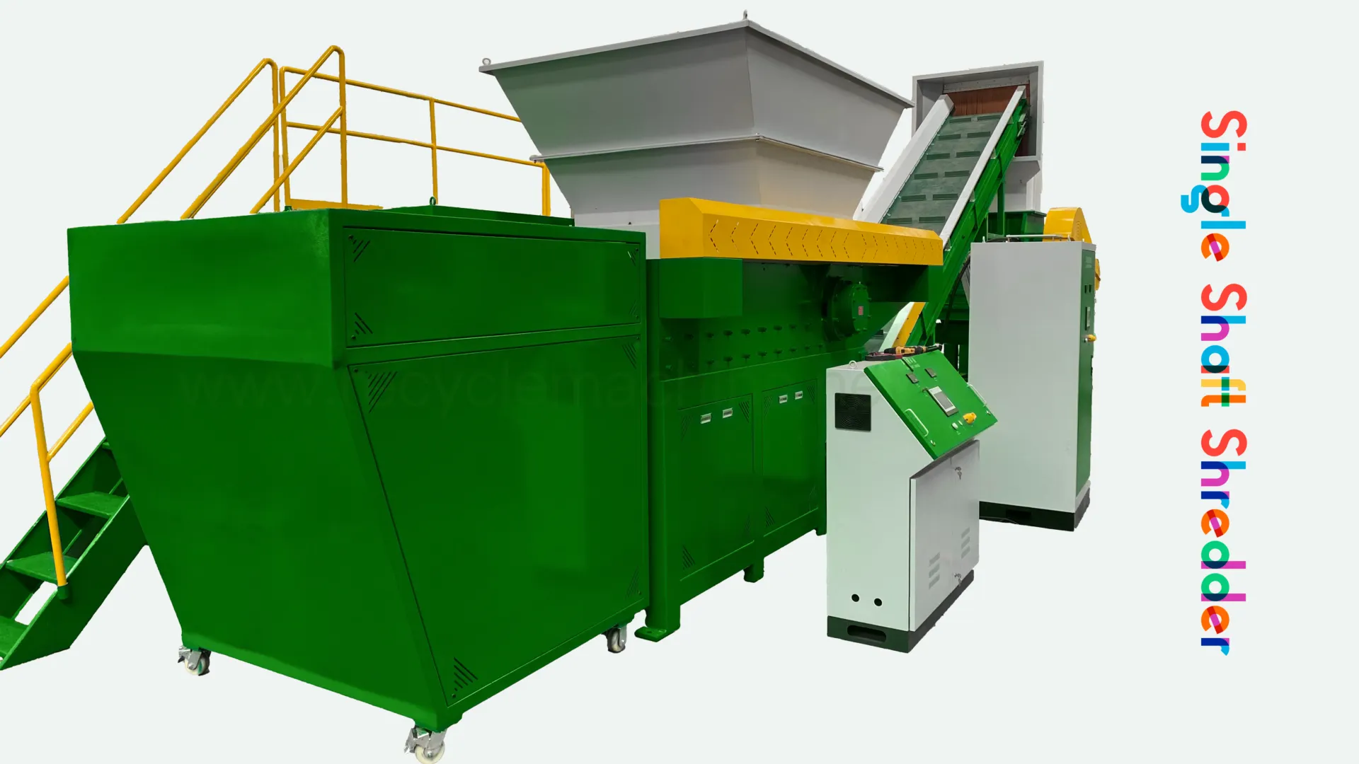 A single-shaft shredder designed for industrial use. The machine features a large green body with a white and yellow feed hopper on top, equipped with a conveyor belt system for material input. It includes a control panel for easy operation and monitoring, and a yellow safety railing for secure access to the top. The robust construction highlights its capability to handle heavy-duty shredding tasks efficiently, making it ideal for recycling and waste management applications. The colorful “Single Shaft Shredder” text on the right emphasizes the machine’s specific function.