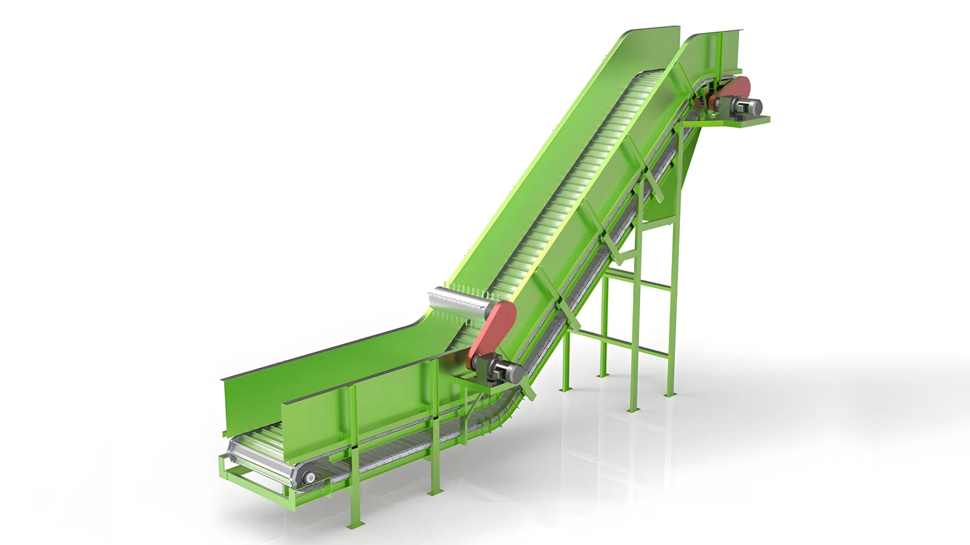 a heavy-duty plate chain conveyor system, typically used in industrial applications for the movement of large and heavy materials. The system appears to be designed for robust operations, with a strong frame and a green plate chain that suggests it could be used in industries such as mining, manufacturing, or agriculture. The inclination angle of the conveyor indicates it's used to transport materials vertically or at a steep angle, which is common in scenarios where space is limited or specific material handling processes are required.