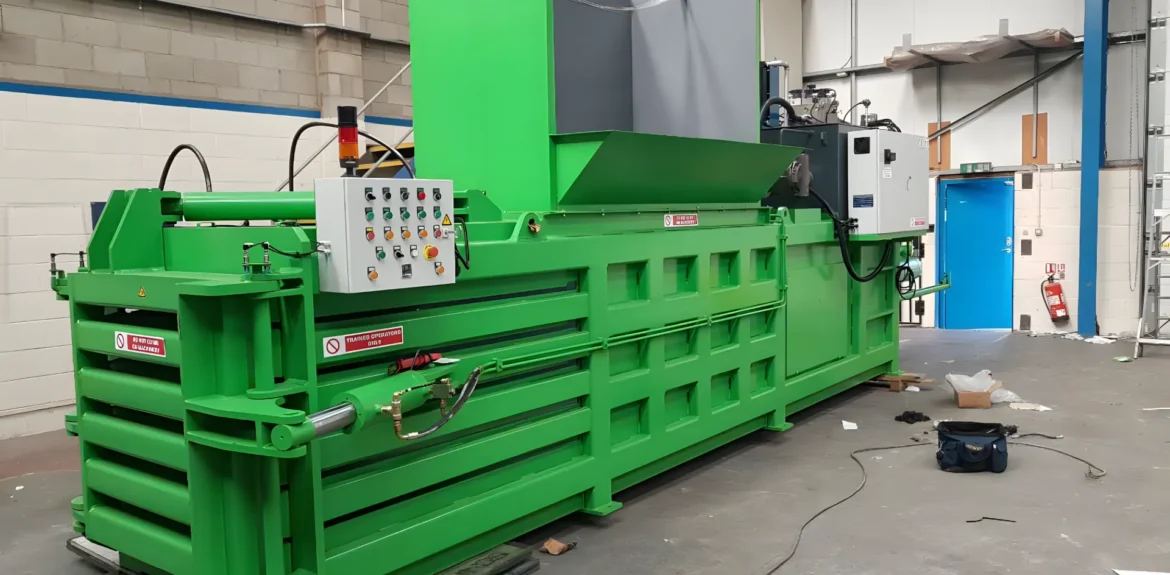 A large, green Semi-Automatic horizontal baler machine in a factory setting. The baler is used to compress recyclable materials into compact bales.