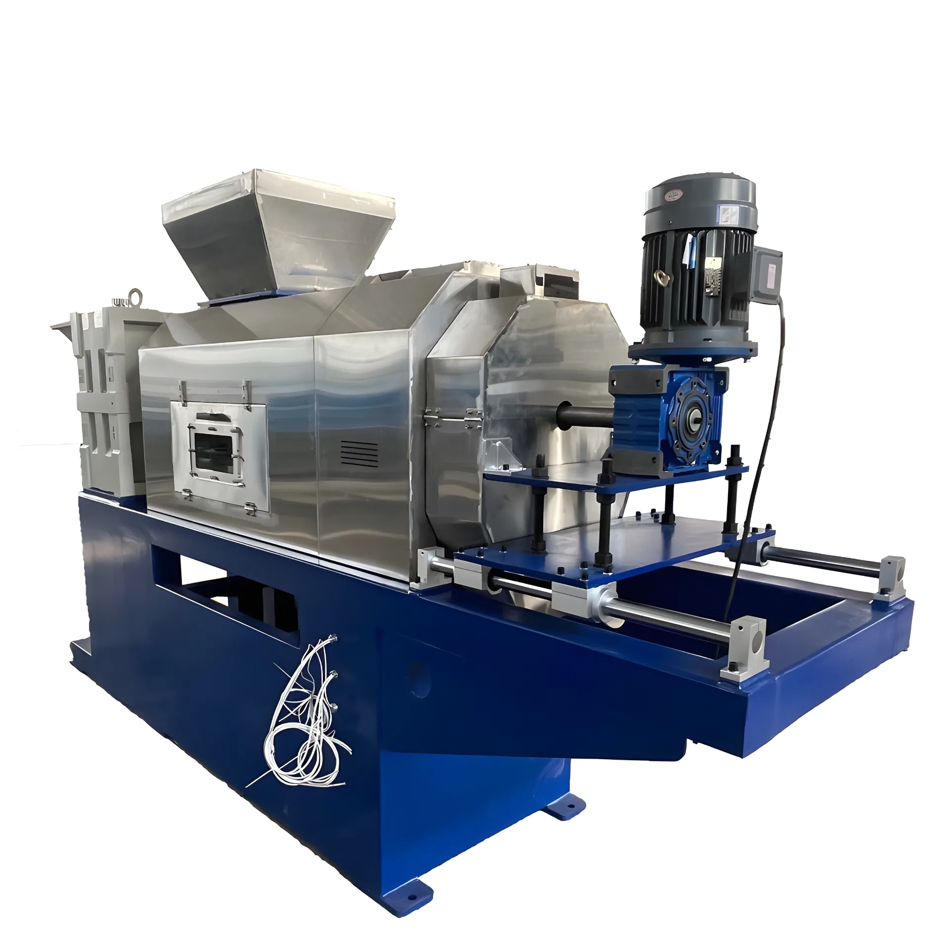 an industrial plastic film squeezing and pelletizing machine. This large-scale equipment is predominantly metallic with parts in blue and silver. It features a prominent motor, a feeding hopper at one end, and a pelletizing section. The machine is designed for recycling plastic by compressing and then converting it into pellets, which are used in various manufacturing processes. The design is robust, with a sturdy frame supporting all components, indicating its capability for heavy-duty operation.