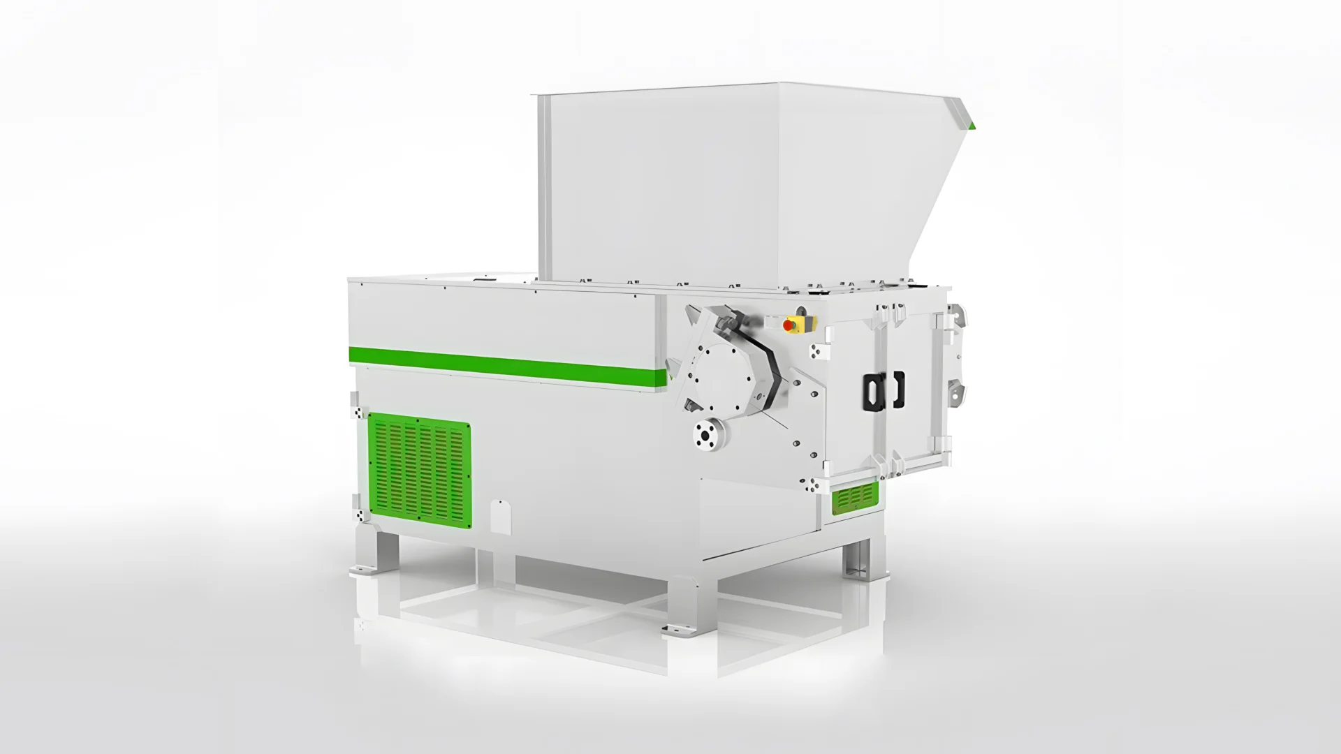 Modern industrial Waste Wood Single Shaft Shredder featuring a compact, rectangular design with a large top-loading hopper. The body is primarily white with distinctive green accents along the sides, highlighting the eco-friendly aspect of the machinery. It is equipped with safety features, including an emergency stop button, and mounted on a sturdy frame for stability.