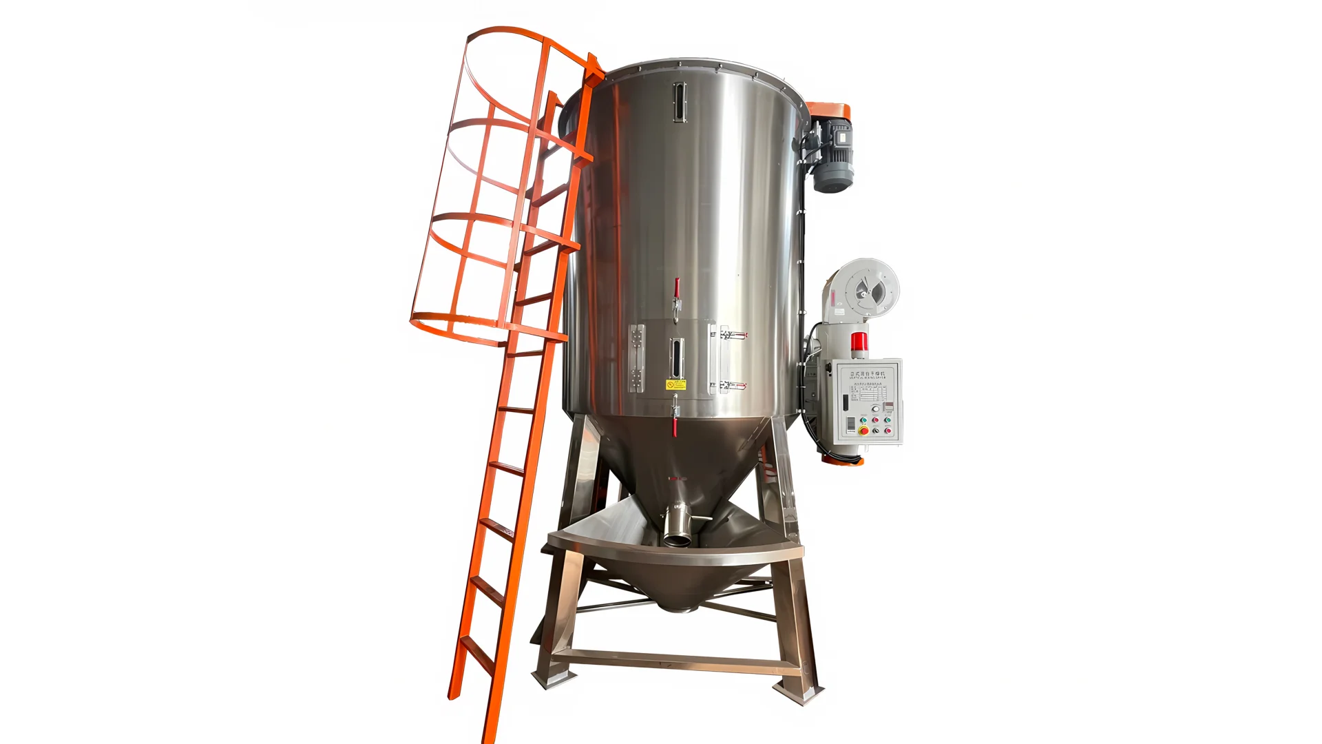 a vertical mixing and drying machine, commonly used in industrial settings for blending and processing various materials. This equipment features a large, cylindrical tank with a conical bottom, mounted on a robust metal frame. It includes a set of safety ladders for access, an electronic control panel for operational management, and possibly additional attachments for specific functions like heating or cooling. The machinery is designed for efficiency and safety, suitable for handling a wide range of materials in processes that require precise mixing and controlled drying.