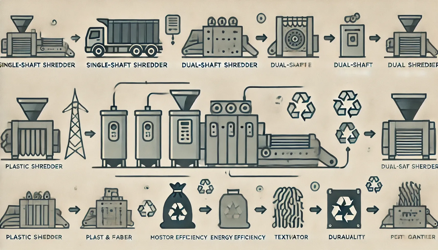 Schéma procesu recyklácie s drvičmi a symbolmi účinnosti