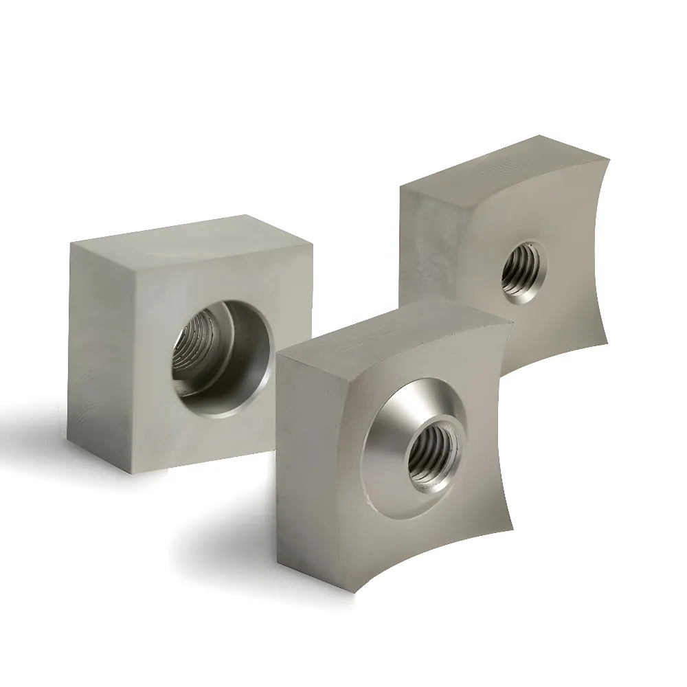 Three metallic threaded square nuts