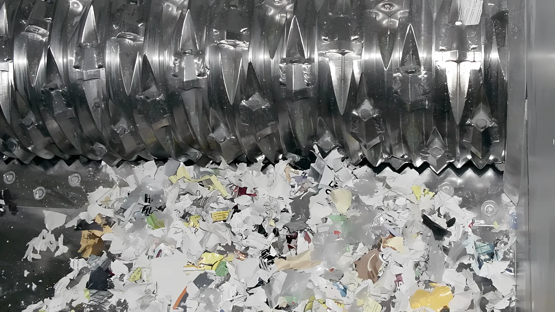 Industrial shredder tearing paper into pieces