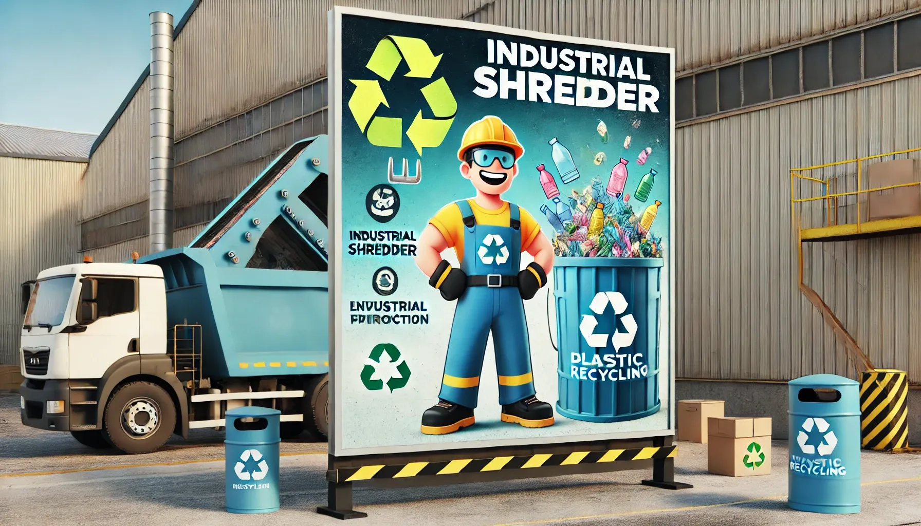 Industrial shredder poster next to recycling truck.