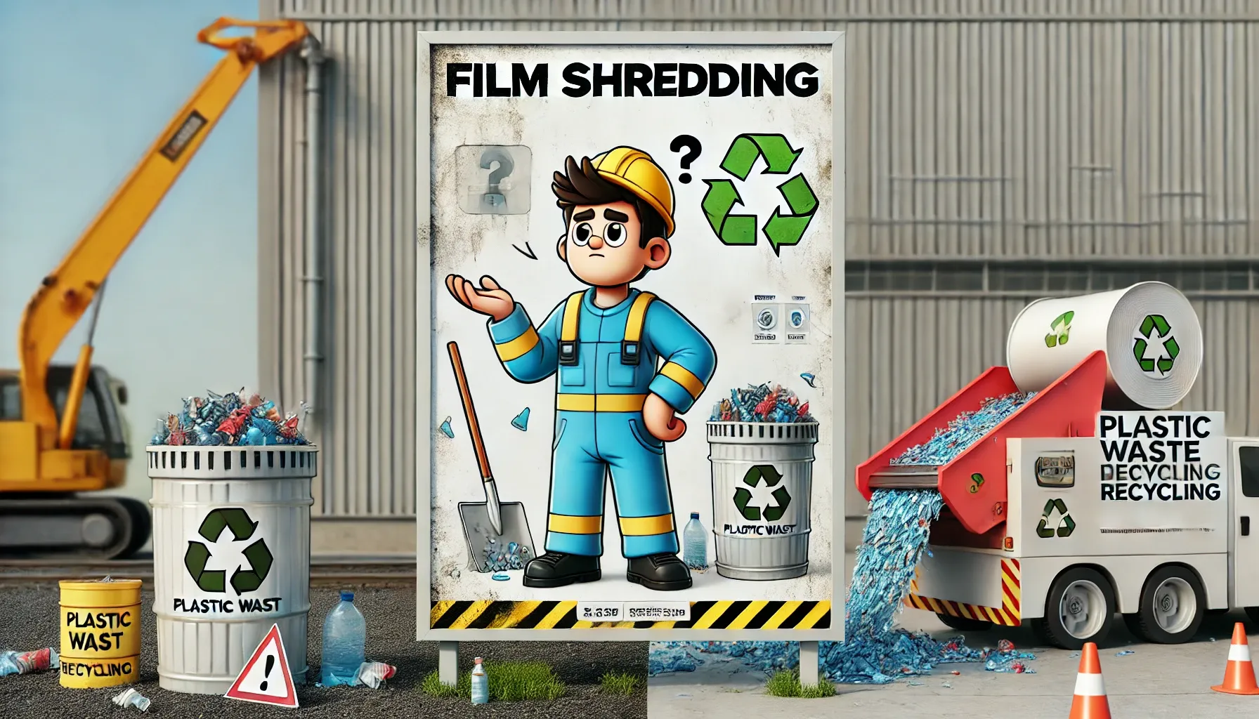 Film shredding recycling poster with confused worker