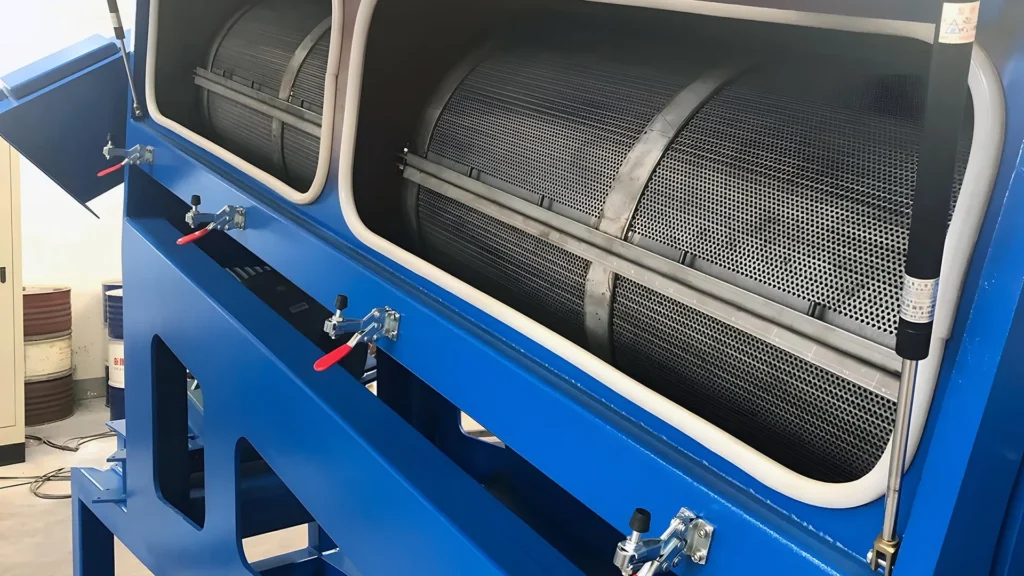 Blauw industrieel luchtfiltratiesysteem met open panelen