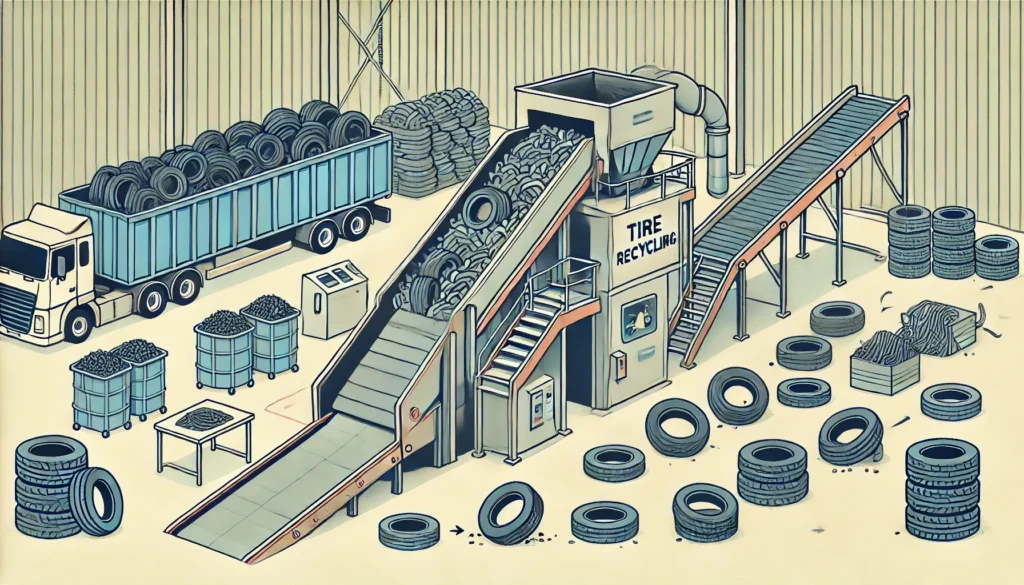 Tire recycling process in a factory.