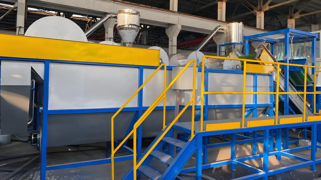 Colorful industrial recycling machinery in factory setting