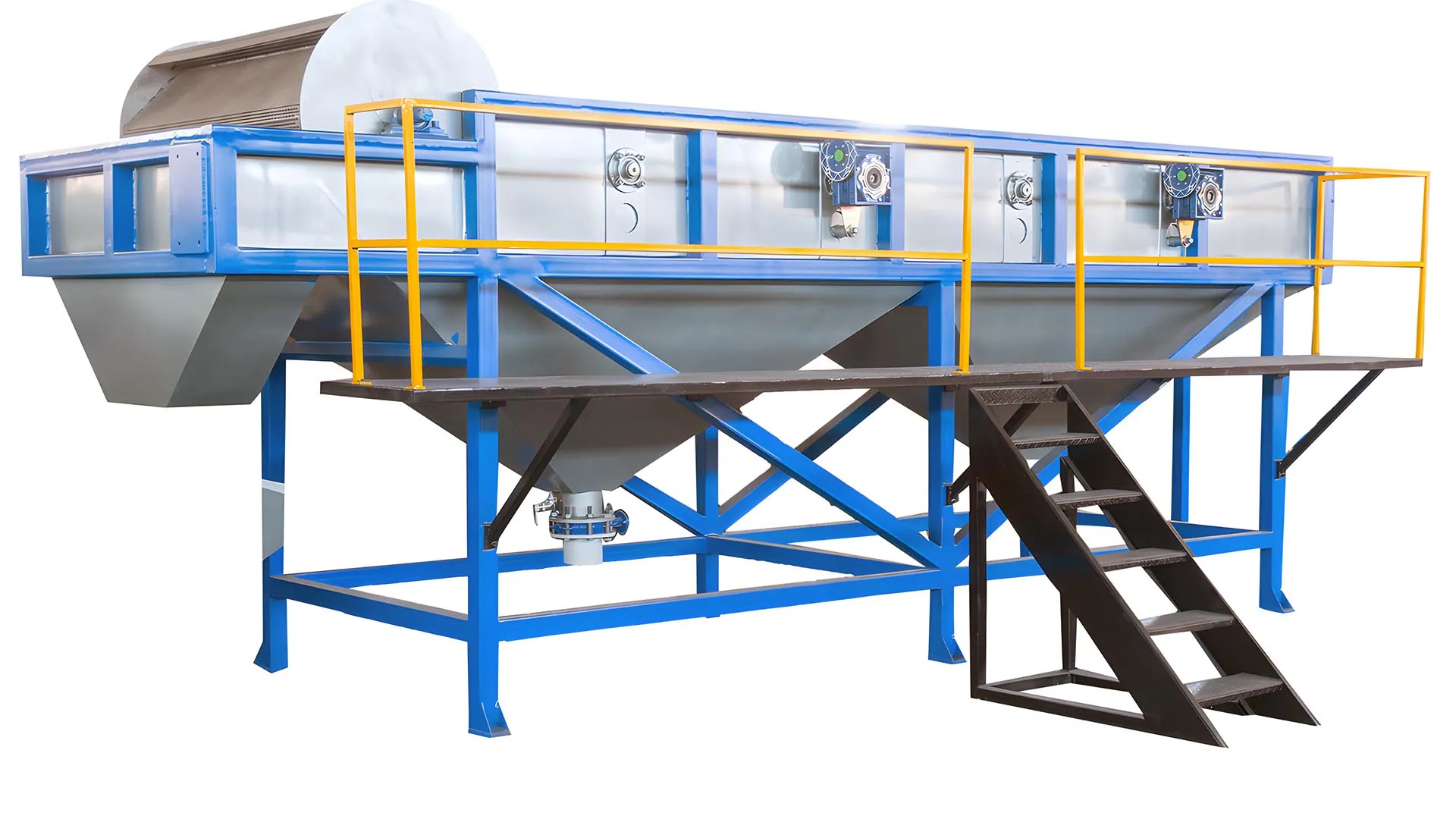 Floating separation tank used in plastic recycling, featuring a blue and gray structure with yellow safety railings and a staircase for access.