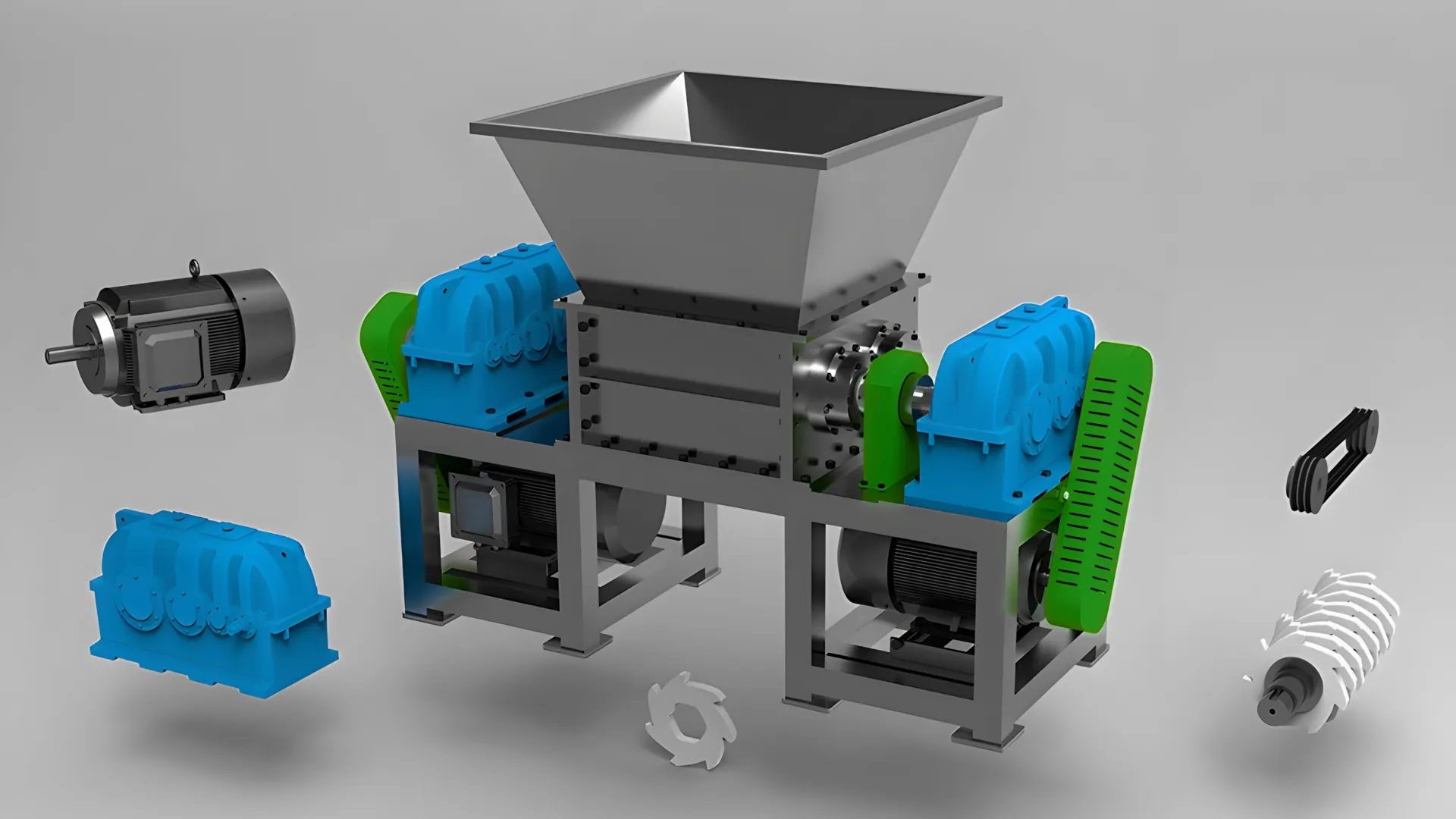 Промисловий шредер із представленими компонентами