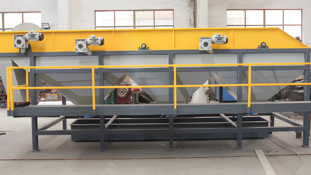 Large industrial yellow and blue sorting conveyor system