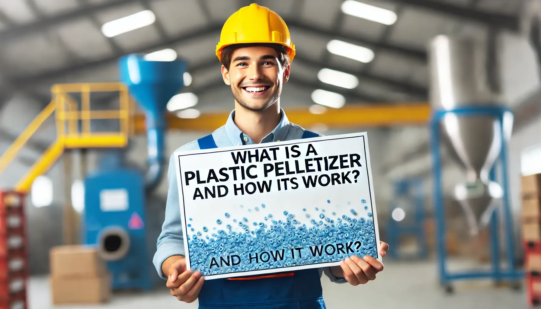 Worker holding 'Plastic Pelletizer' sign in factory.