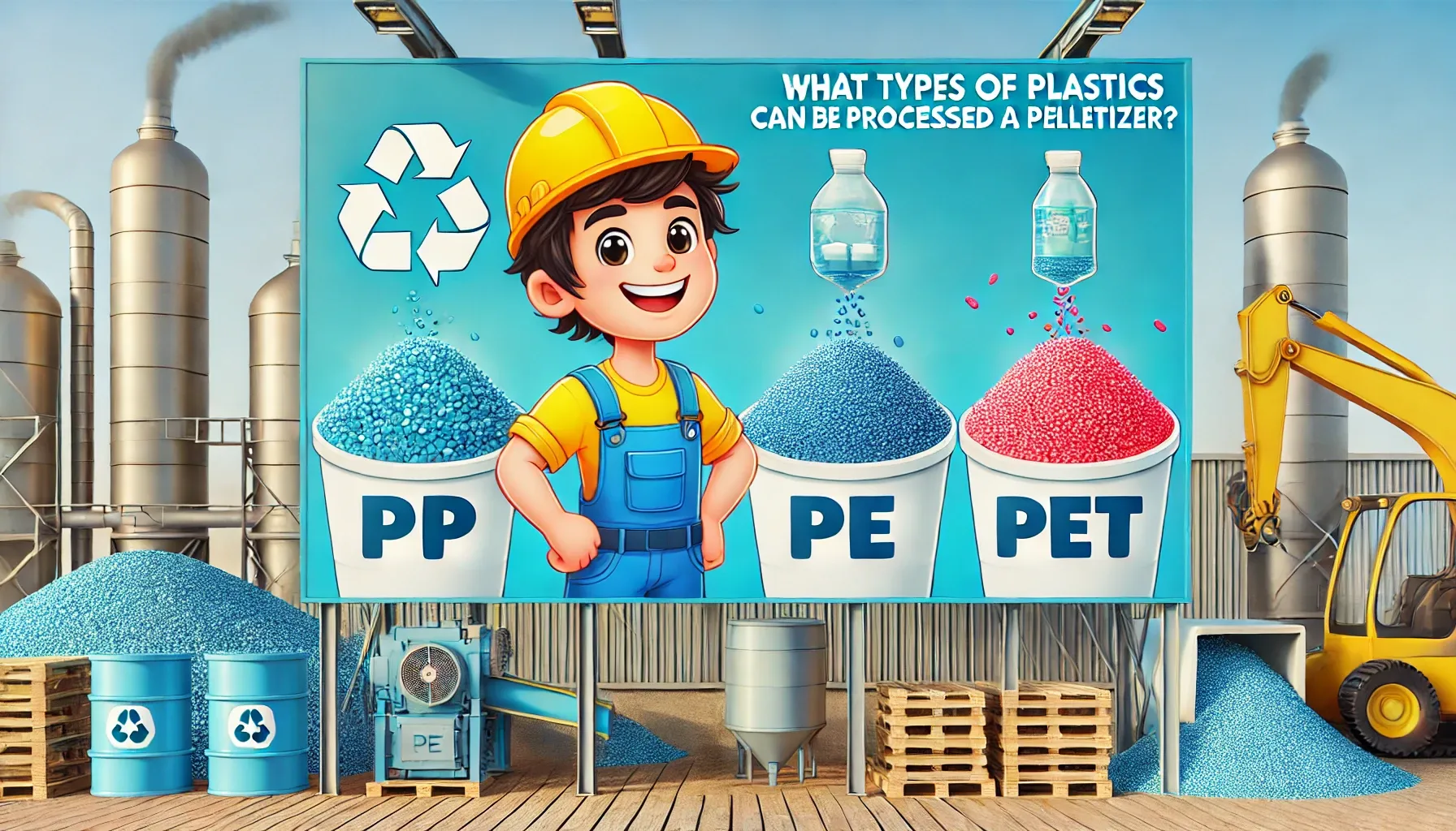 Plastics processed by pelletizers: PP, PE, PET