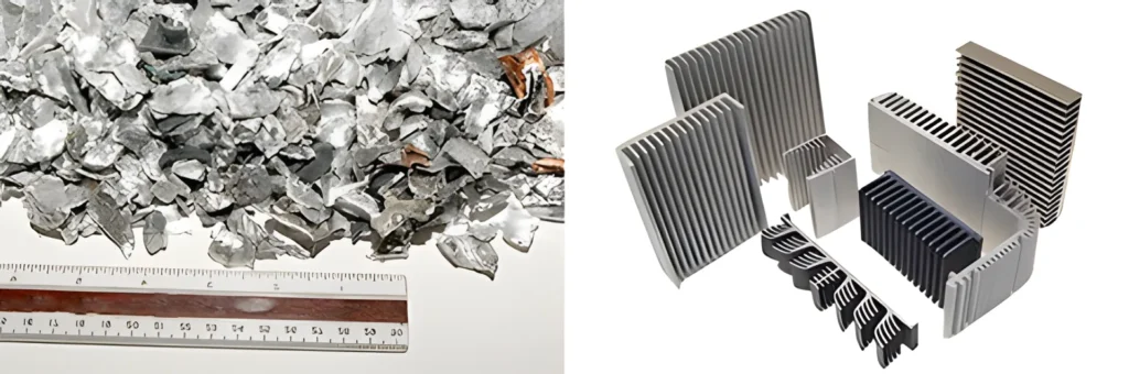 Shredded aluminum scrap and aluminum heat sinks.