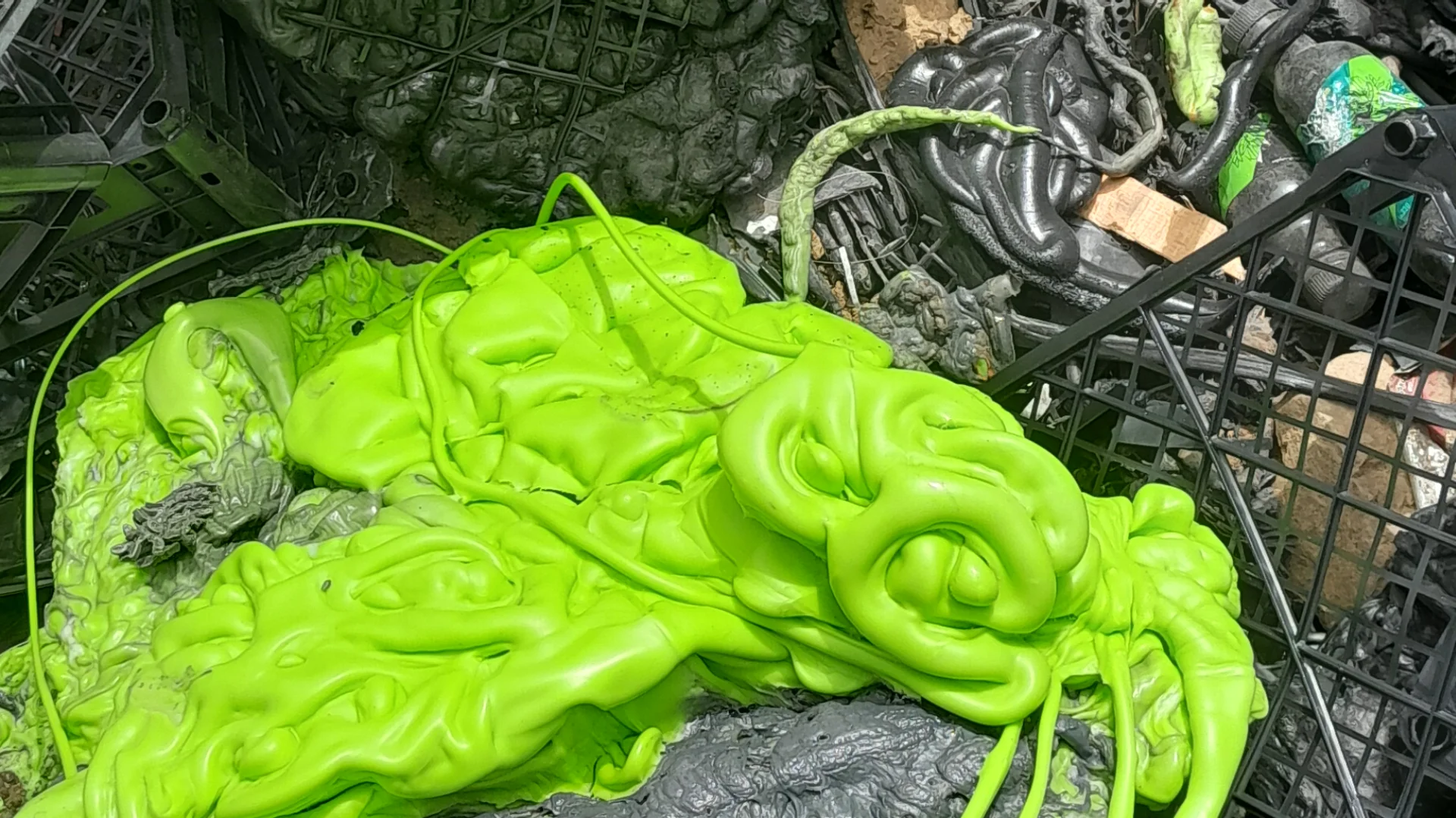 Green plastic crates and black waste material, including extruder head waste with bright green melted plastic, captured alongside various shredded plastic debris.