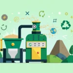 Cartoon food waste recycling machine on green background