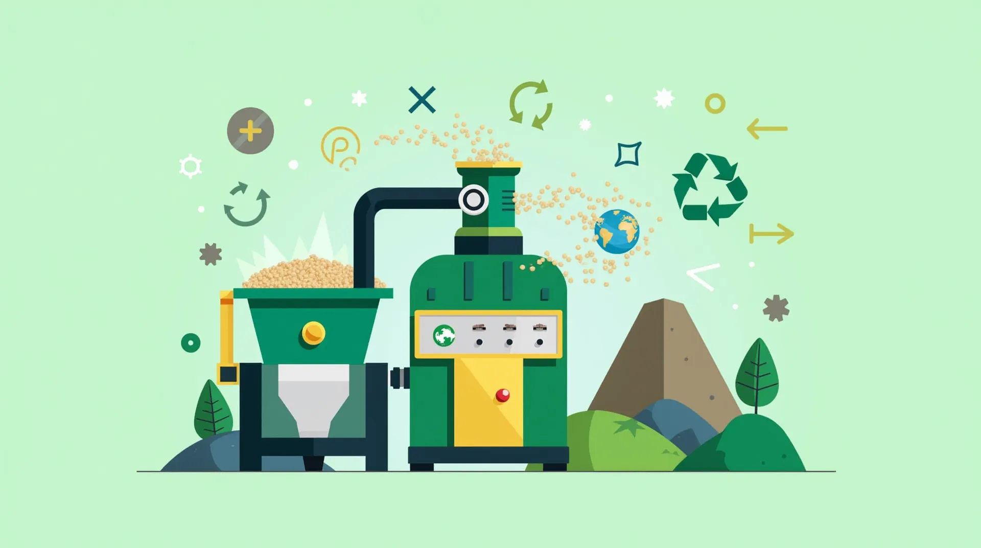 Cartoon food waste recycling machine on green background