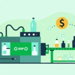 Illustration of automated bottling production line with currency symbol