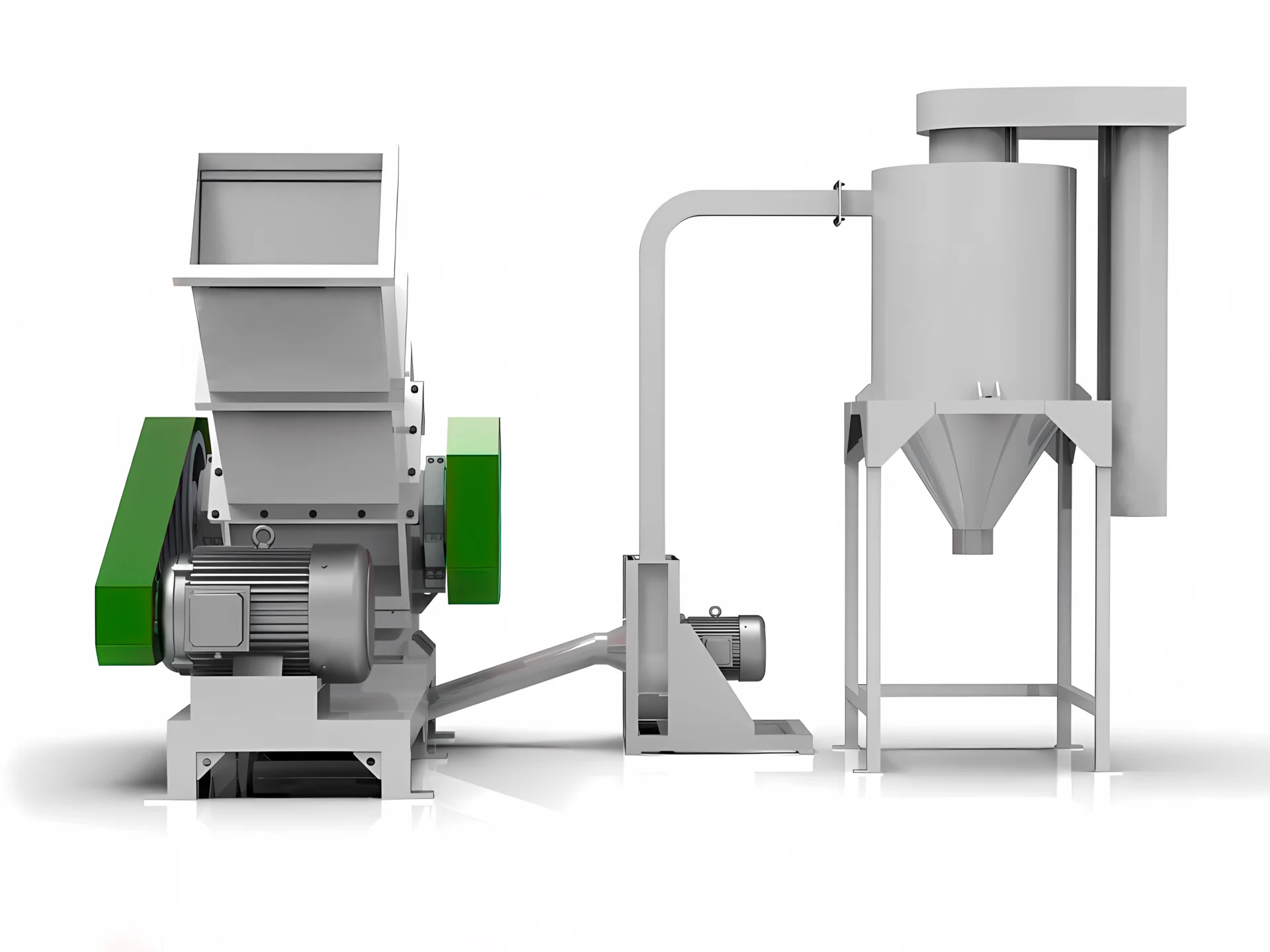 Industrial horizontal crusher for PVC pipes and profiles, featuring a large hopper and connected dust extraction system with a cyclone separator.