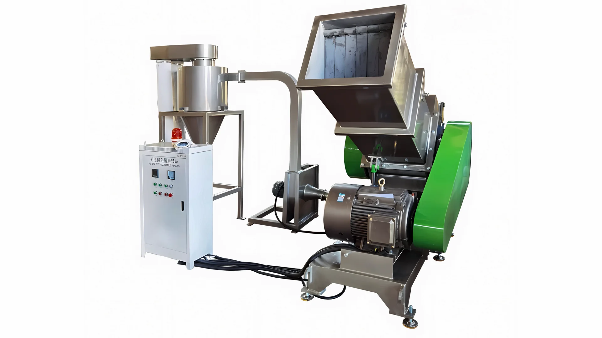 Industrial plastic granulator machine with an attached control panel and large feed hopper, used for recycling plastic materials into granules.