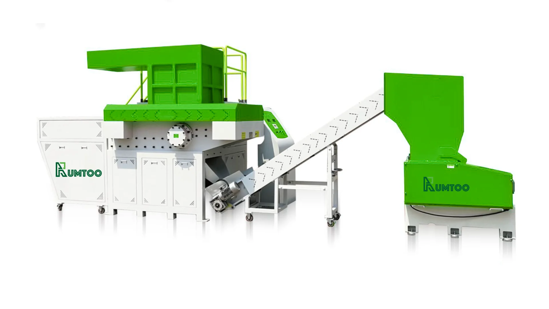 Green and white industrial shredder machine designed for recycling rigid plastic, featuring a conveyor belt and robust cutting mechanism.