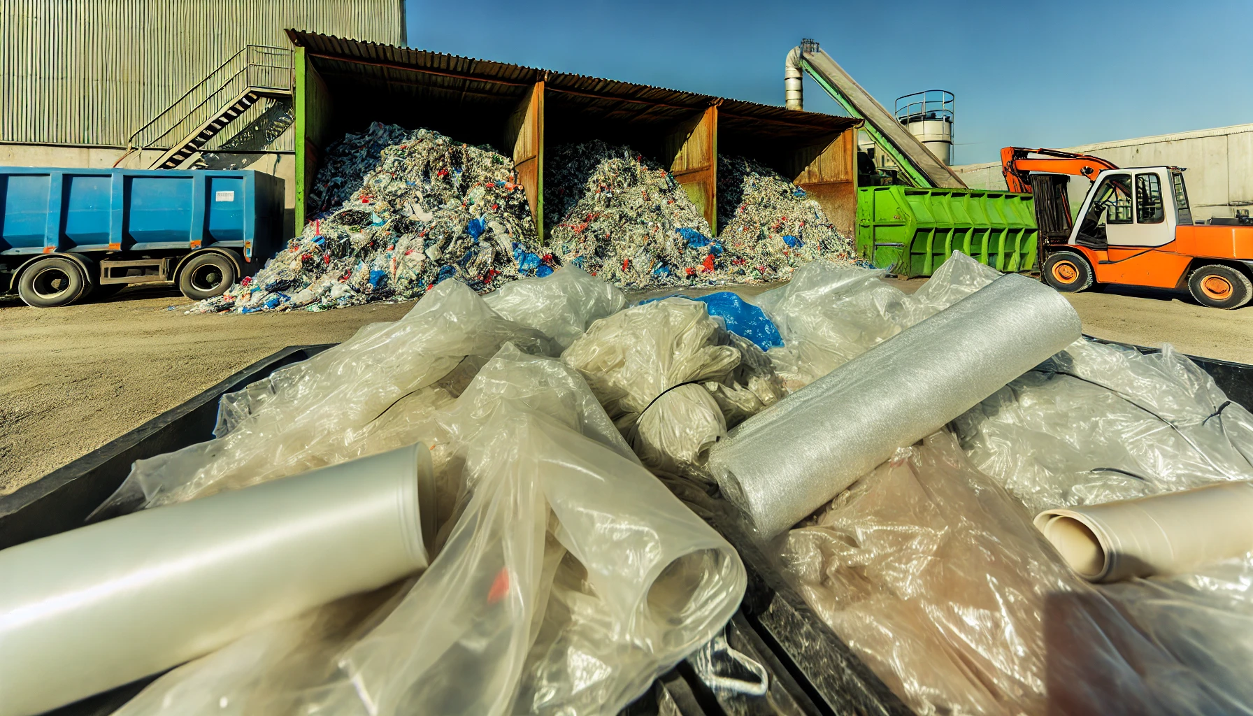 Instalație de reciclare industrială care procesează cantități mari de deșeuri de plastic