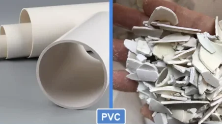 Segmento de tubería de PVC y materiales de reciclaje de PVC triturado.