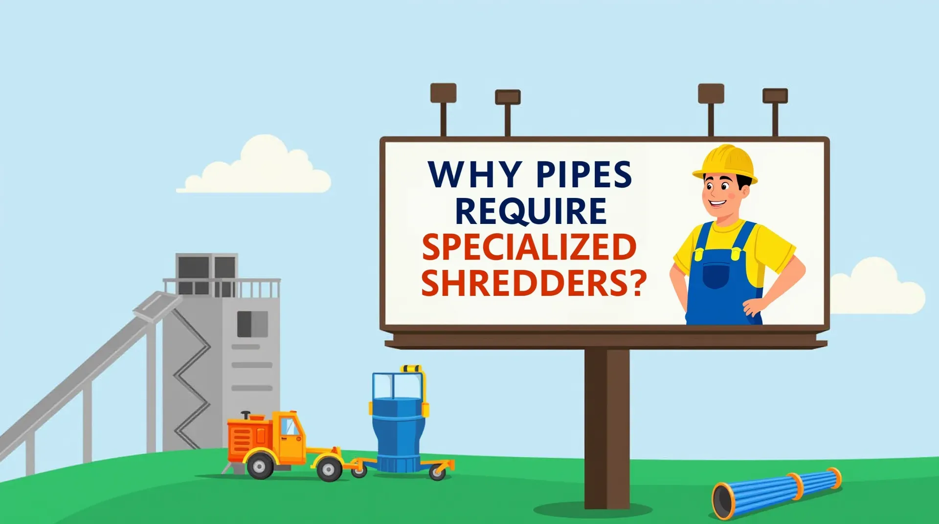 Billboard about pipe shredding with worker and machinery