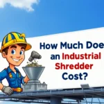 A cartoon character on a mock billboard, a worker in a blue jumpsuit and a hard hat with yellow stripes, equipment maintenance on his head, smiling, and the billboard reads: " How Much Does an Industrial Shredder Cost?