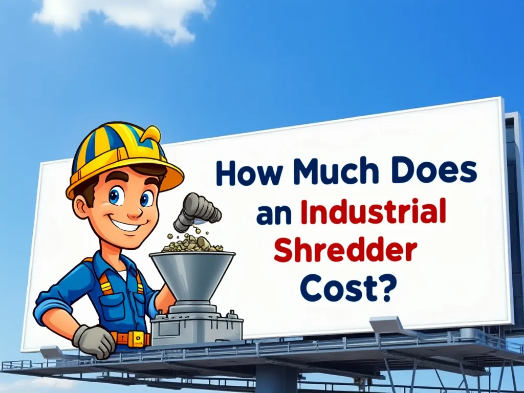 A cartoon character on a mock billboard, a worker in a blue jumpsuit and a hard hat with yellow stripes, equipment maintenance on his head, smiling, and the billboard reads: " How Much Does an Industrial Shredder Cost?