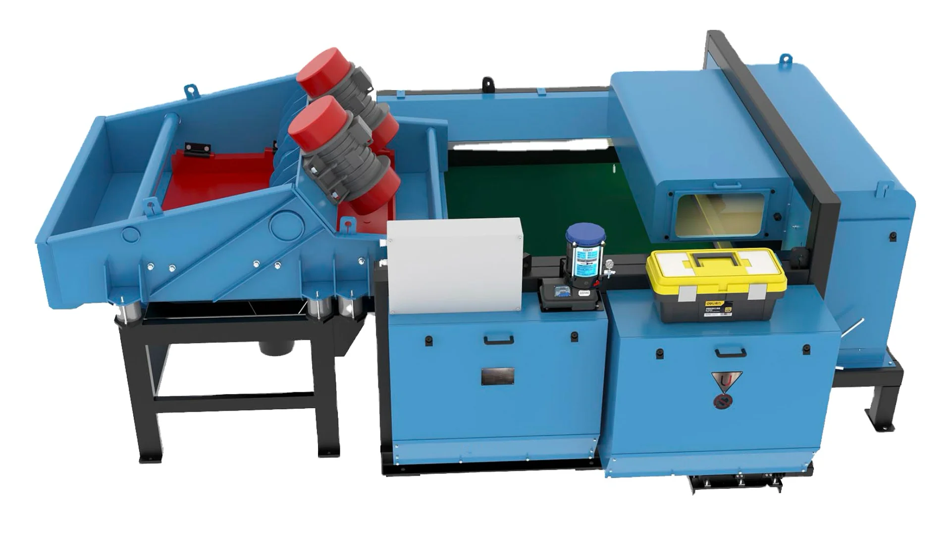 Industrial eddy current magnetic separator with blue metal housing, red motors, and conveyor system used for non-ferrous metal separation.