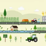 Colorful stylized rural landscape with tractors and factory