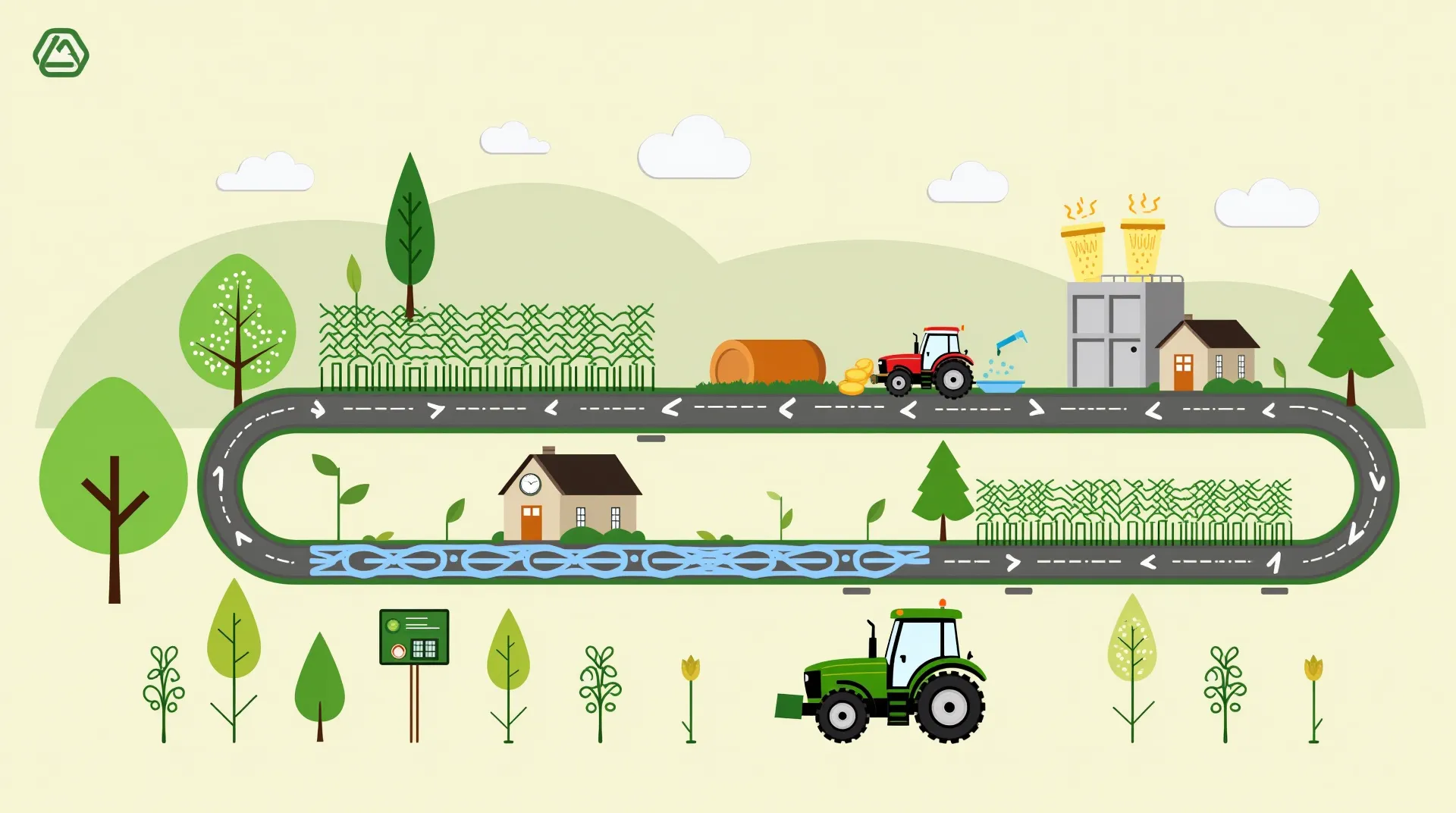 Colorful stylized rural landscape with tractors and factory